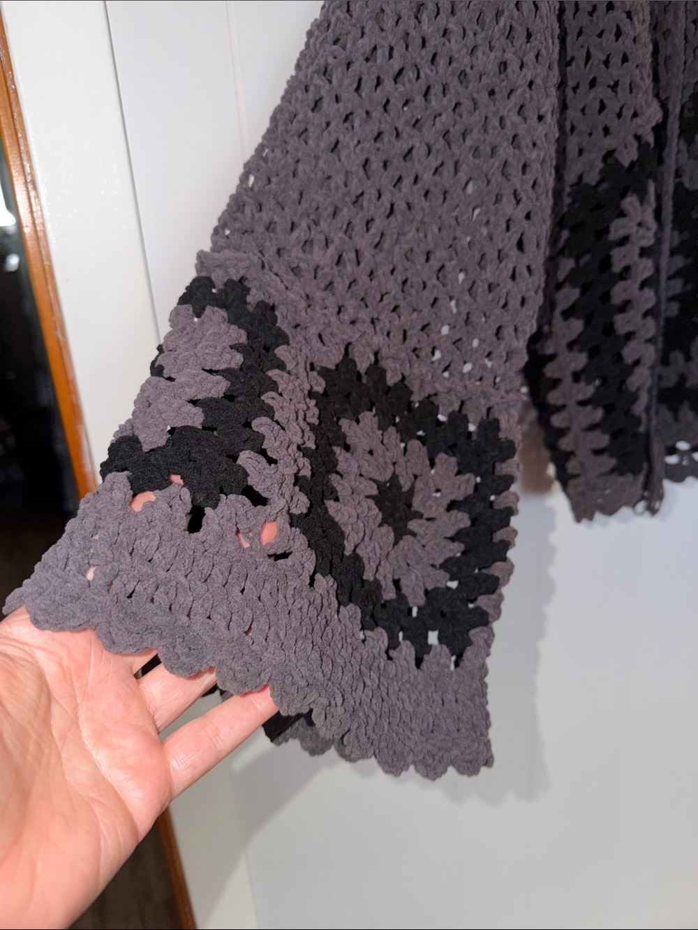 POL Charcoal Crochet Button‑Front Cardigan Sweater Knit Squares Size L - Picture 3 of 13